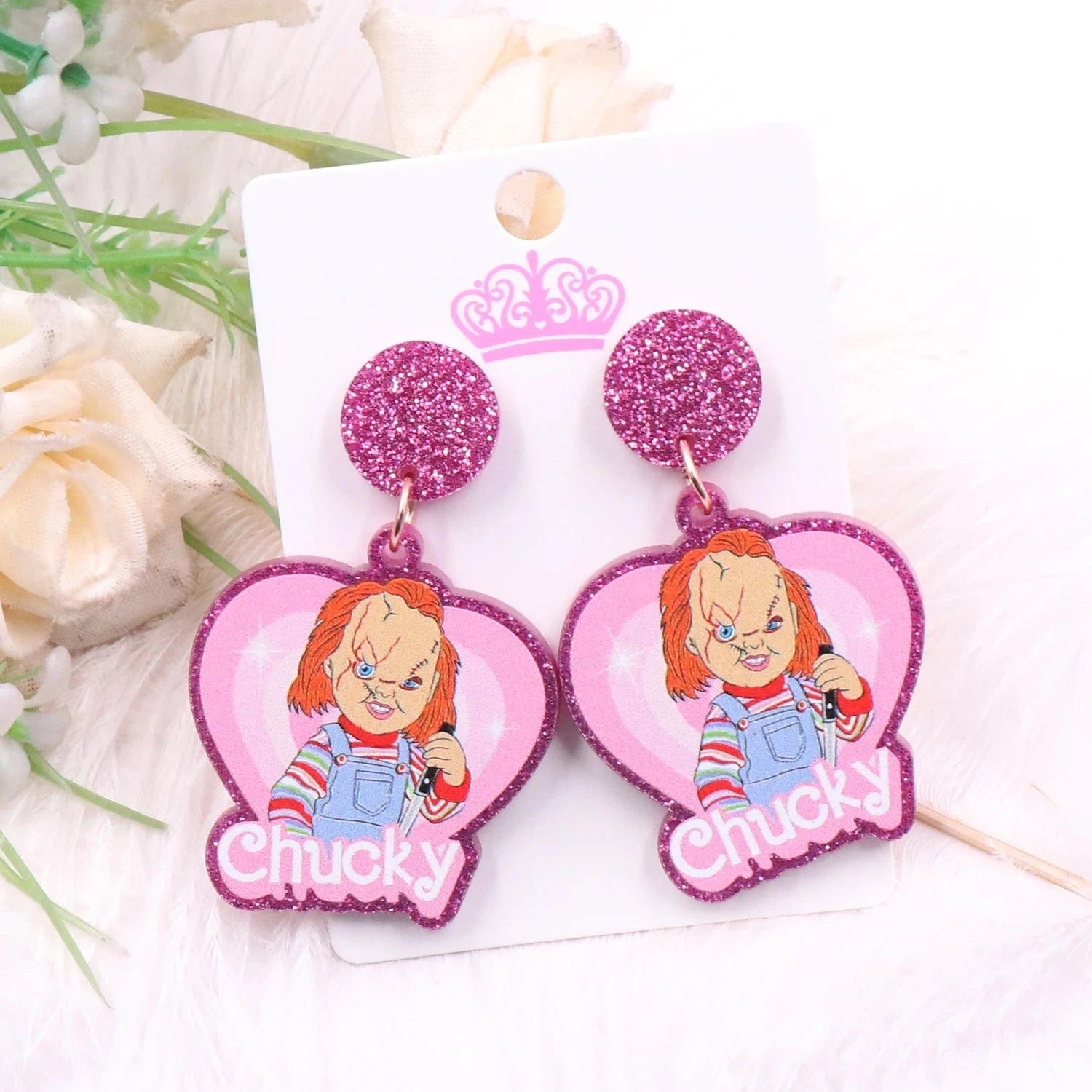 as picture / 1.3*1.4in / Purple MD147ER2253 1pair New product CN Drop heart movie character funny Valentine's Day glitter Acrylic earrings Jewelry for women