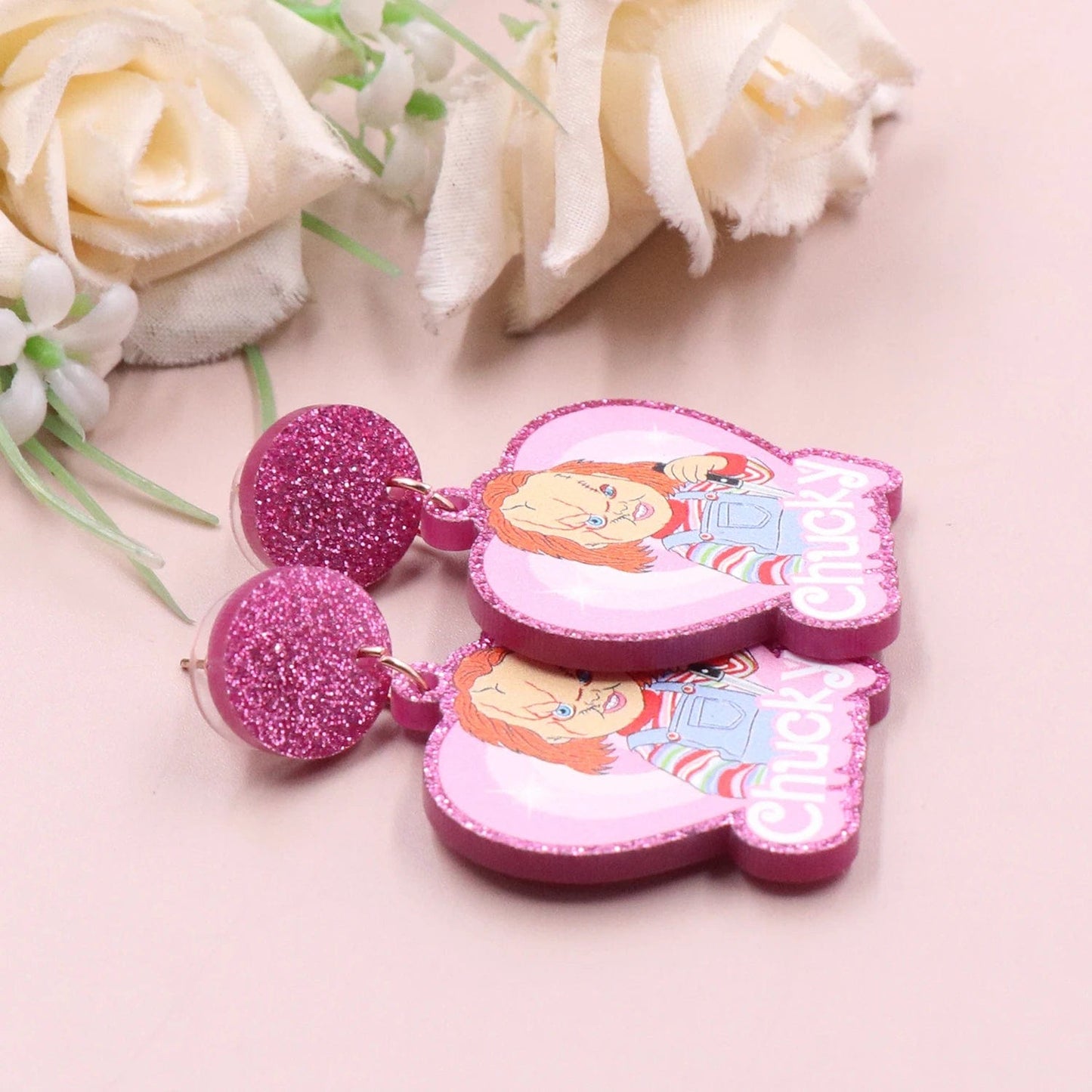 as picture / 1.3*1.4in / Purple MD147ER2253 1pair New product CN Drop heart movie character funny Valentine's Day glitter Acrylic earrings Jewelry for women