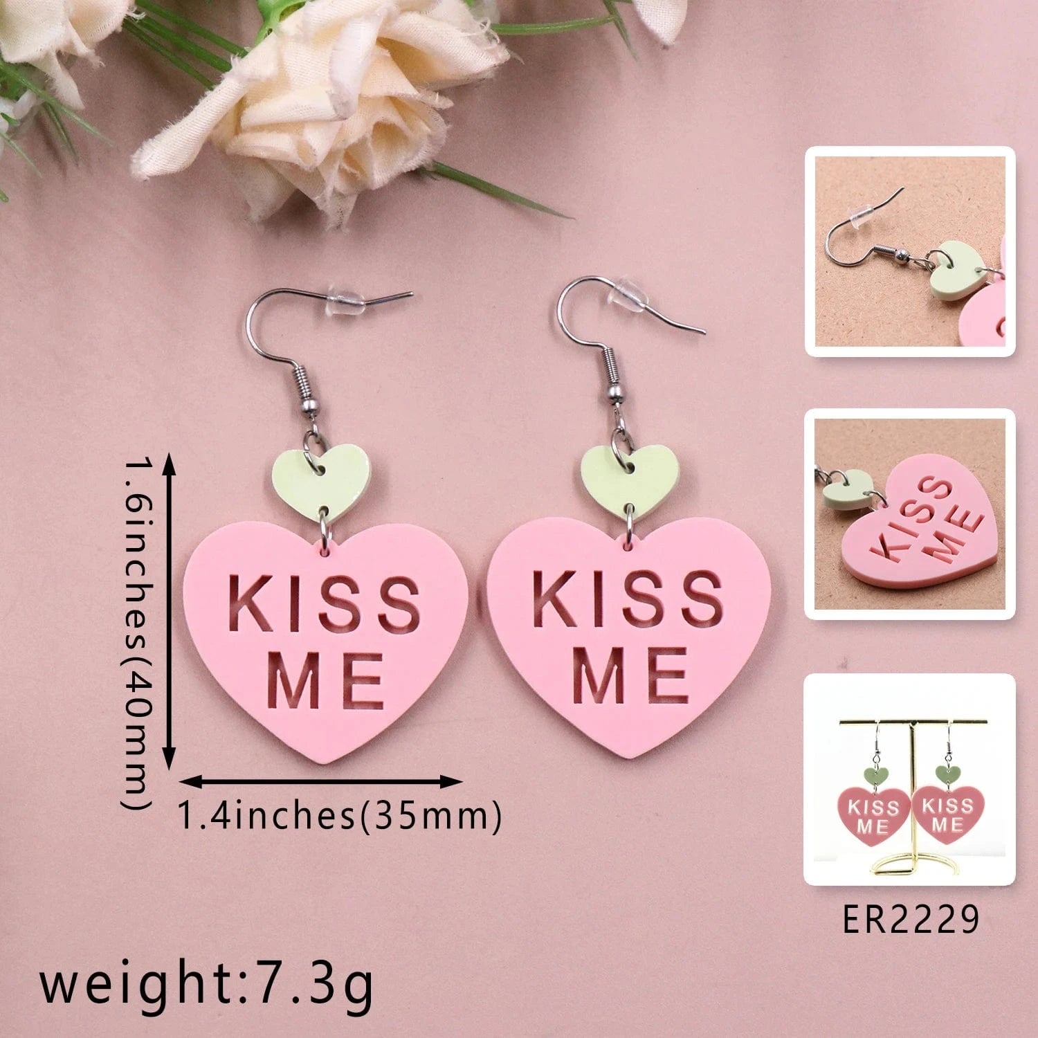 as picture / 1.6*1.4in / Pink MD147ER2229 1pair New product CN Drop heart kiss me TRENDY Valentine's Day Acrylic earrings Jewelry for women