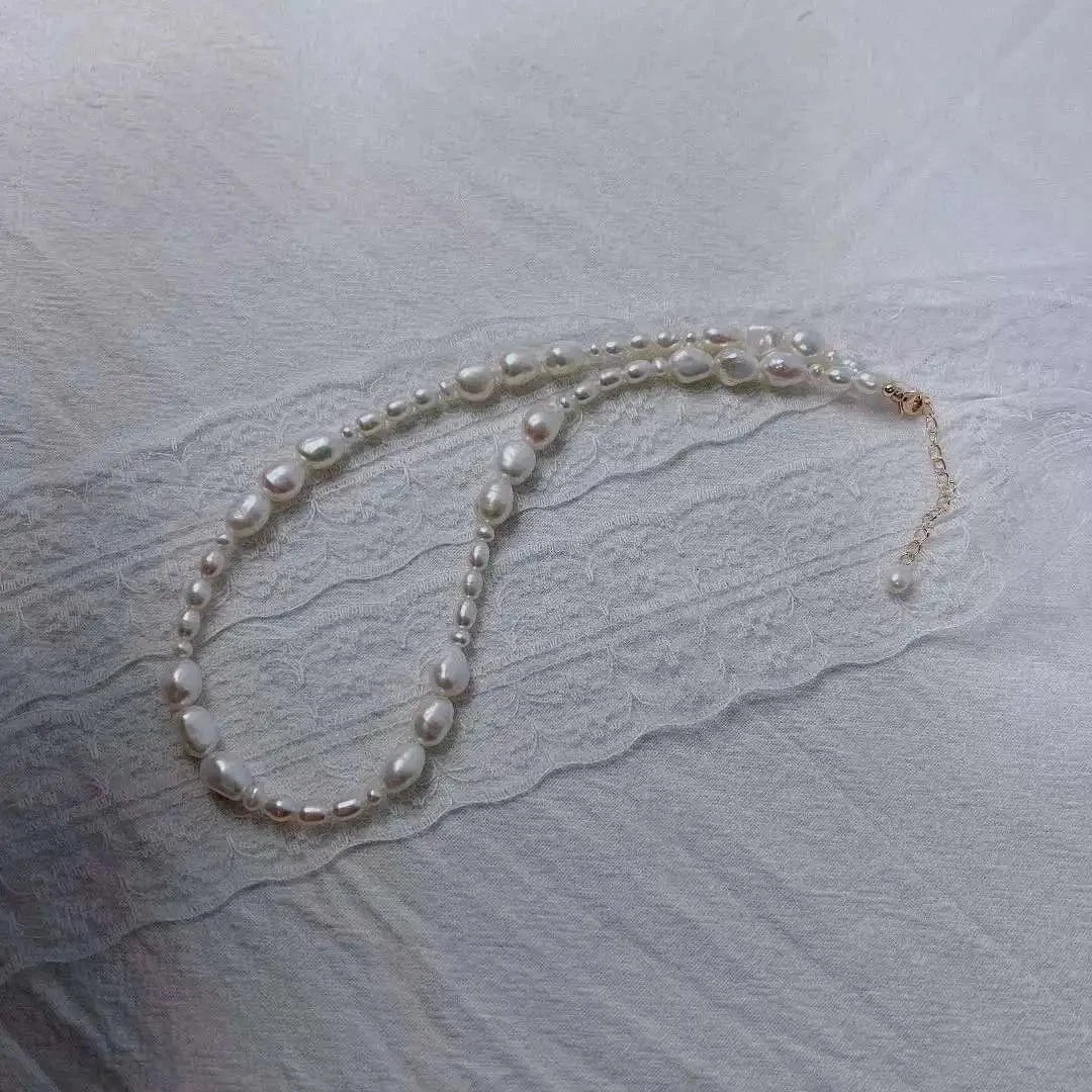 As picture 38+5cm clavicle chain recommended new 3-4MM rice shape+7-8MM baroque freshwater pearl necklace women's pearl jewelry