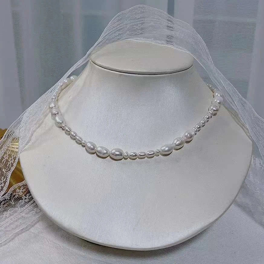As picture 38+5cm clavicle chain recommended new 3-4MM rice shape+7-8MM baroque freshwater pearl necklace women's pearl jewelry