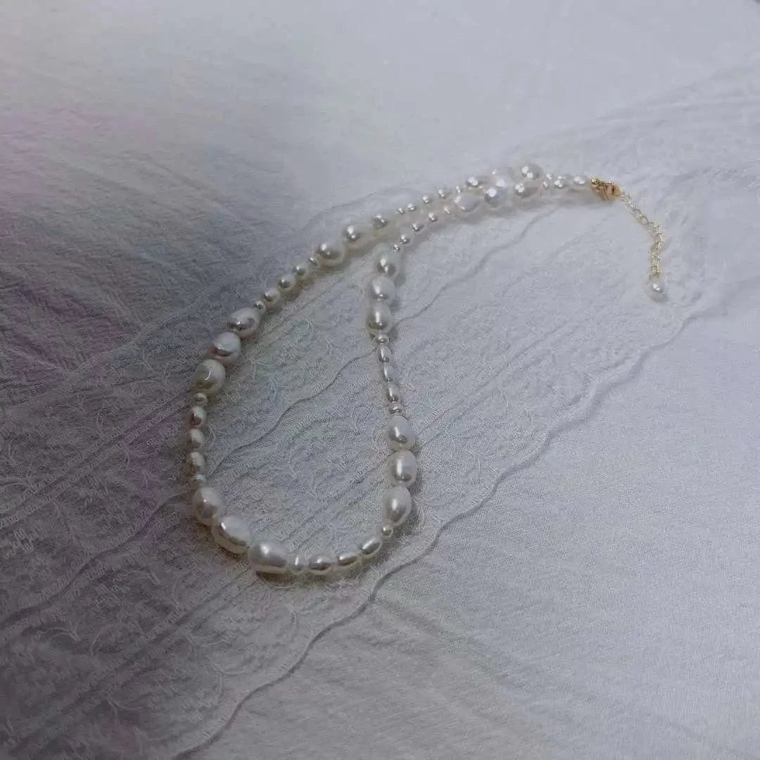 As picture 38+5cm clavicle chain recommended new 3-4MM rice shape+7-8MM baroque freshwater pearl necklace women's pearl jewelry