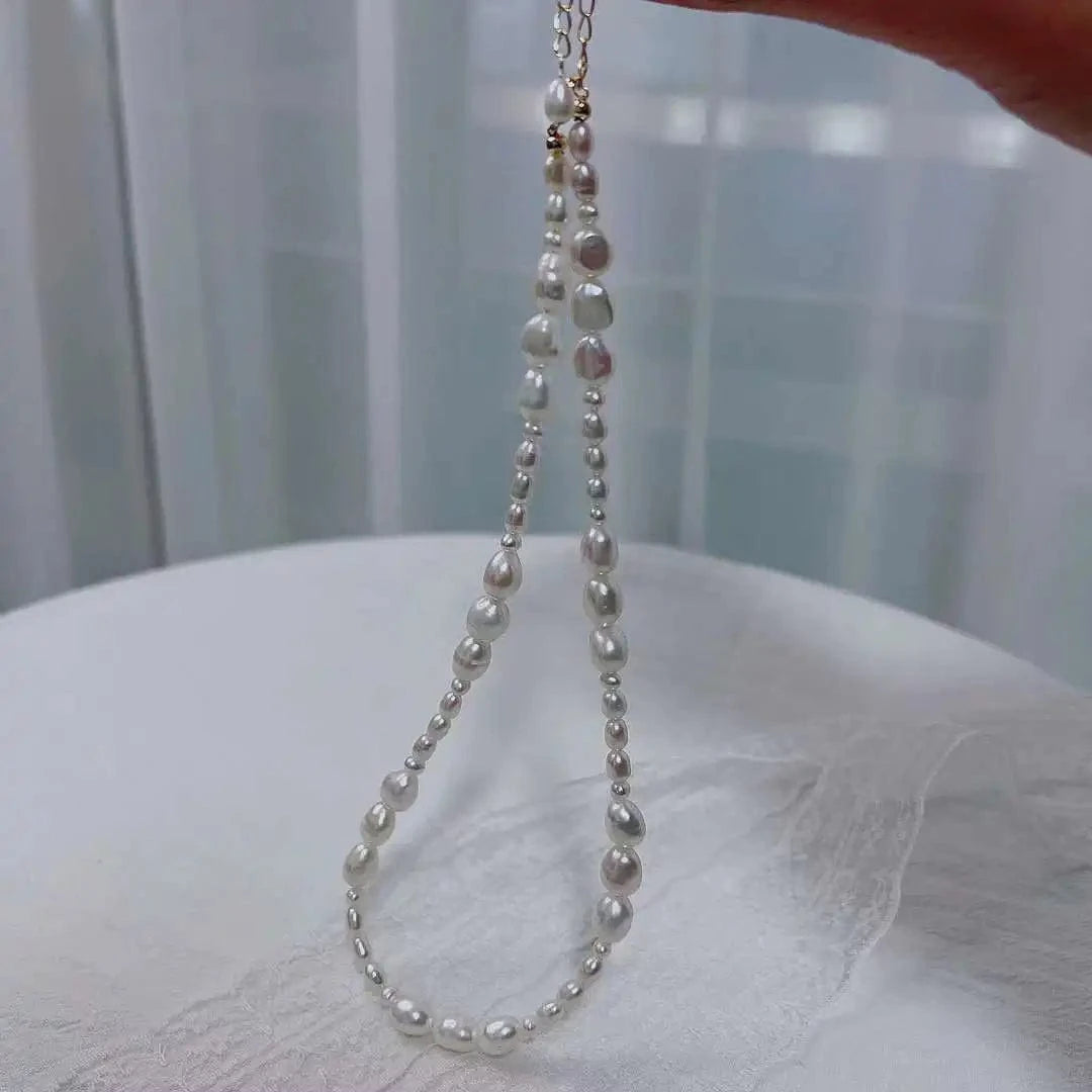 As picture 38+5cm clavicle chain recommended new 3-4MM rice shape+7-8MM baroque freshwater pearl necklace women's pearl jewelry