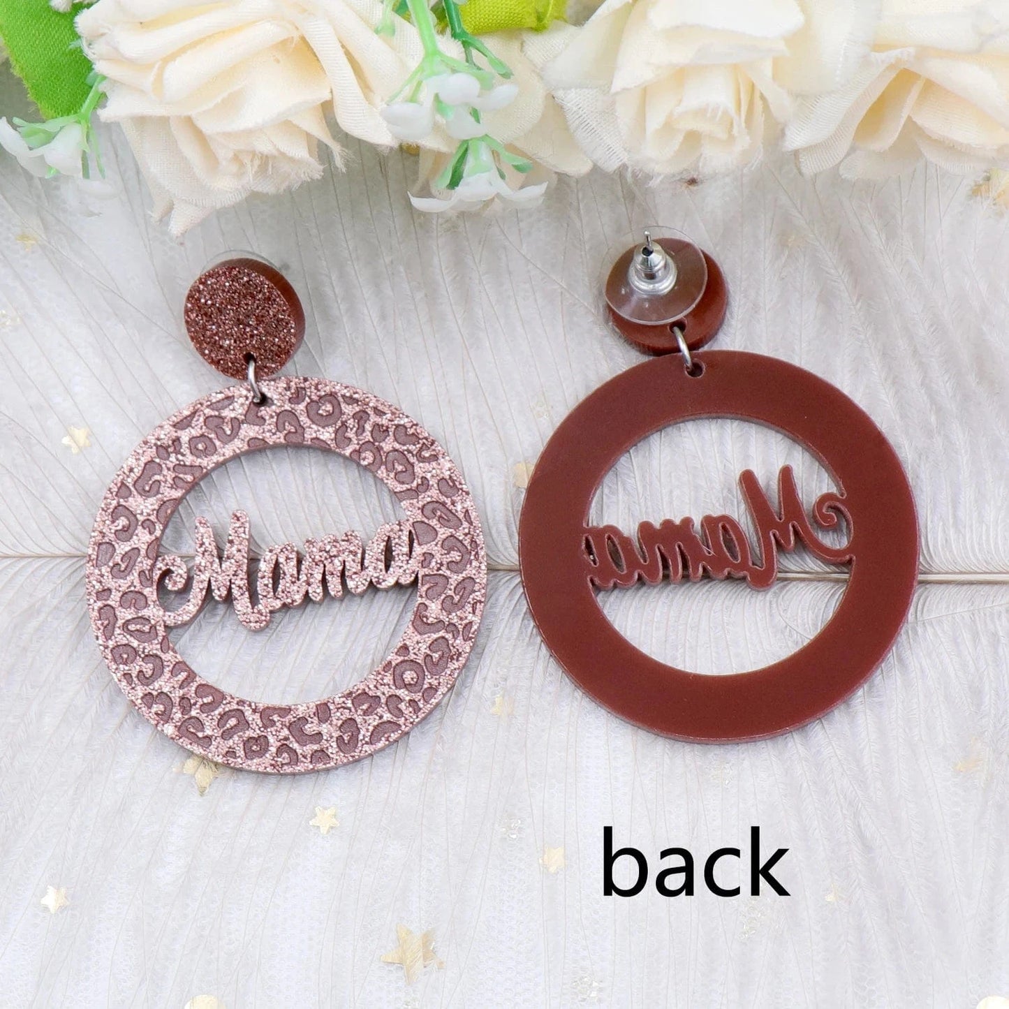 as picture / 45mm / Coffee ERS594ER1377 New Design Brown Glitter Mama Women Jewelry Lip Engraved Glitter Mirror Acrylic Drop Earrings