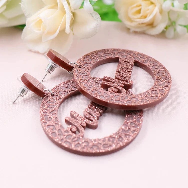 as picture / 45mm / Coffee ERS594ER1377 New Design Brown Glitter Mama Women Jewelry Lip Engraved Glitter Mirror Acrylic Drop Earrings