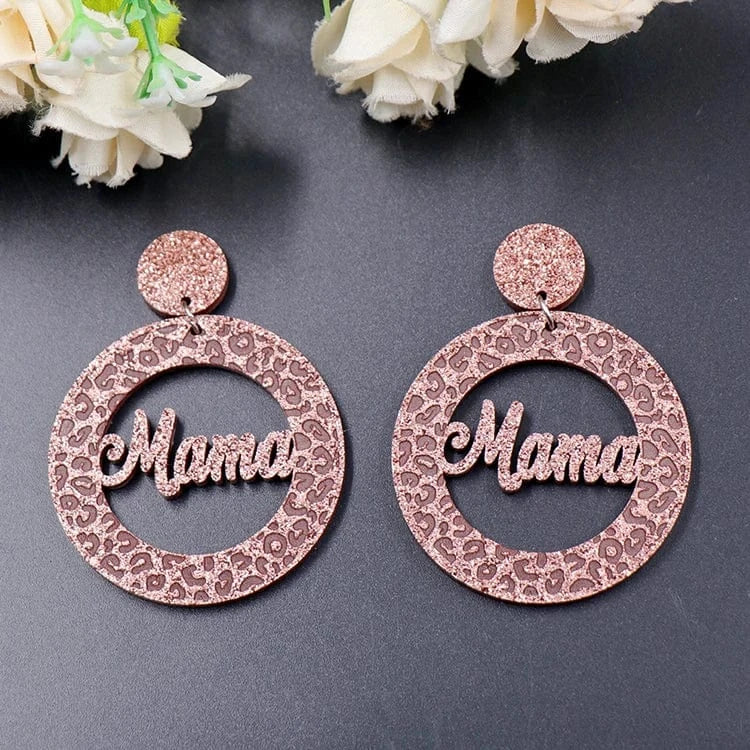 as picture / 45mm / Coffee ERS594ER1377 New Design Brown Glitter Mama Women Jewelry Lip Engraved Glitter Mirror Acrylic Drop Earrings