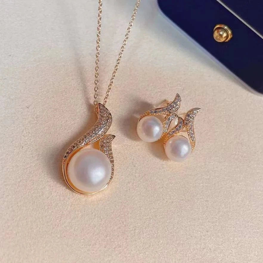 As picture Classic Explosion 18K Gold Plated Swan Dance Set Freshwater Pearl Necklace Earring Set Pearl Jewelry Set