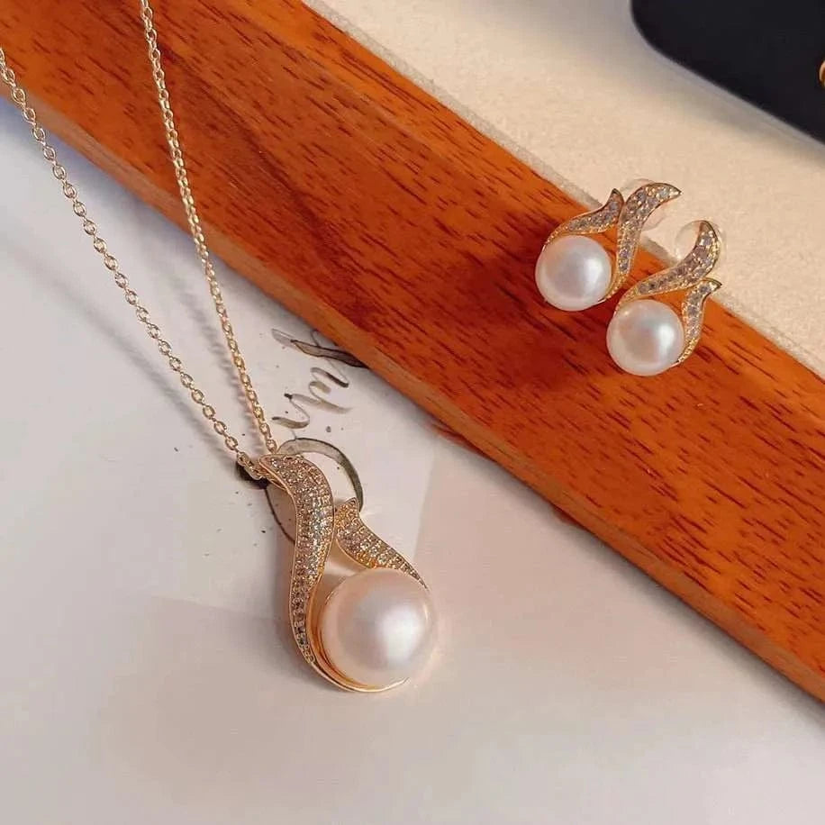 As picture Classic Explosion 18K Gold Plated Swan Dance Set Freshwater Pearl Necklace Earring Set Pearl Jewelry Set
