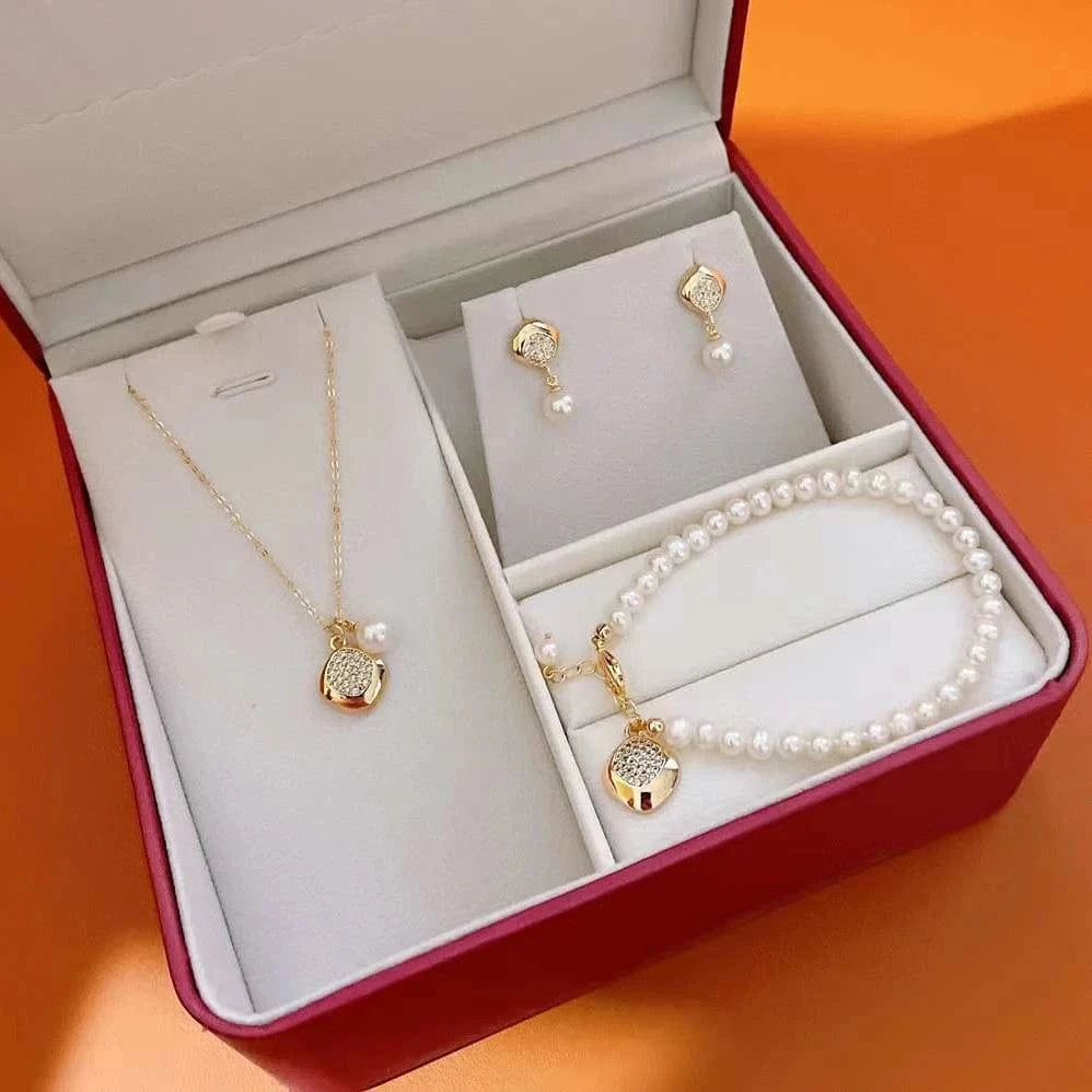 As picture Explosive set gift box launched 18k gold plated pearl stud earrings + pendant + freshwater pearl bracelet pearl jewelry set