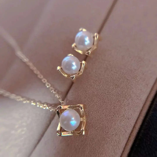 As picture Plated Necklace and Earring Set with 6-7mm Pearl Necklace and Earring Set Pearl Jewelry Set Gold Trendy Mermaid Party Women 294