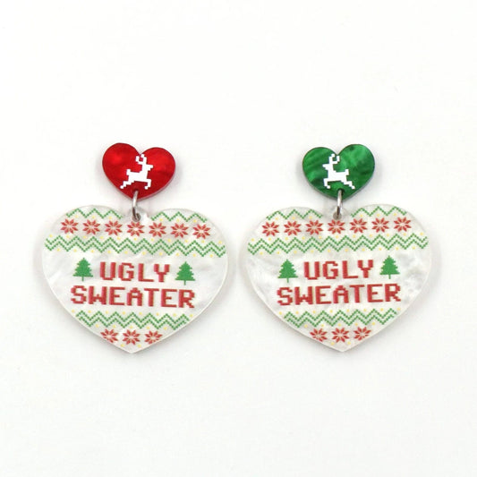 As shown / 1.1*1.4in / Red MD141ER2115 1pair New product CN Drop heart ugly sweater TRENDY christmas Acrylic earrings Jewelry for women
