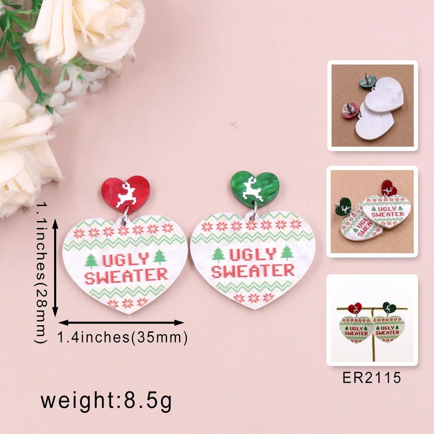 As shown / 1.1*1.4in / Red MD141ER2115 1pair New product CN Drop heart ugly sweater TRENDY christmas Acrylic earrings Jewelry for women