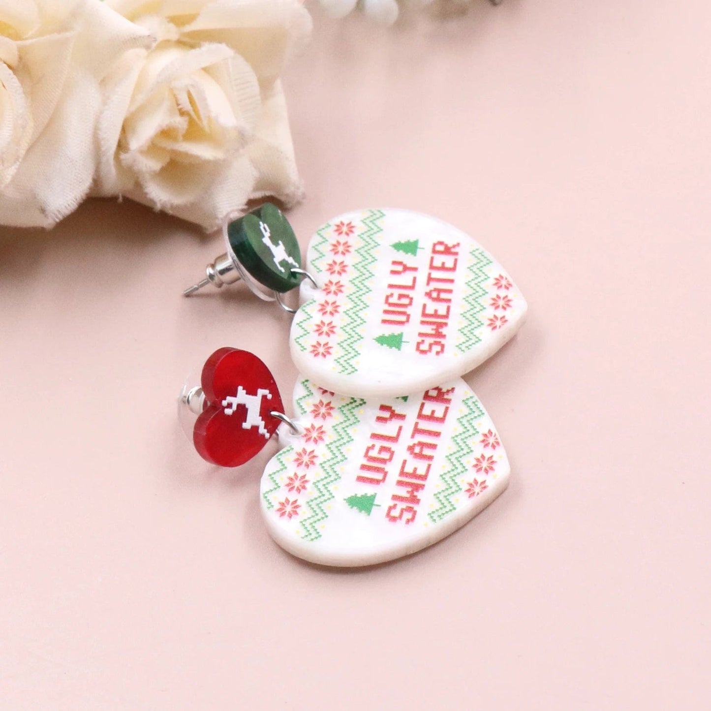 As shown / 1.1*1.4in / Red MD141ER2115 1pair New product CN Drop heart ugly sweater TRENDY christmas Acrylic earrings Jewelry for women