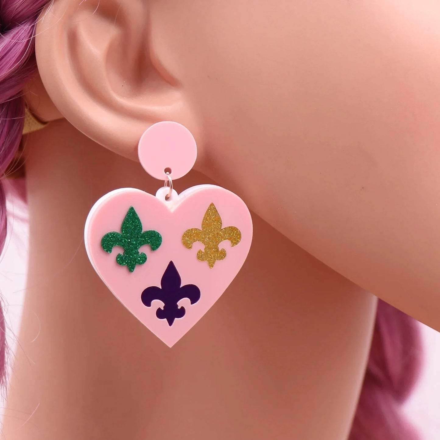 As shown / 1.6in*1.5in / Pink Syasibo jewelry ERS817ER1765 1pair Top fashion CN Drop heart Mardi Gras Fleur de lis TRENDY Acrylic earrings Jewelry for women