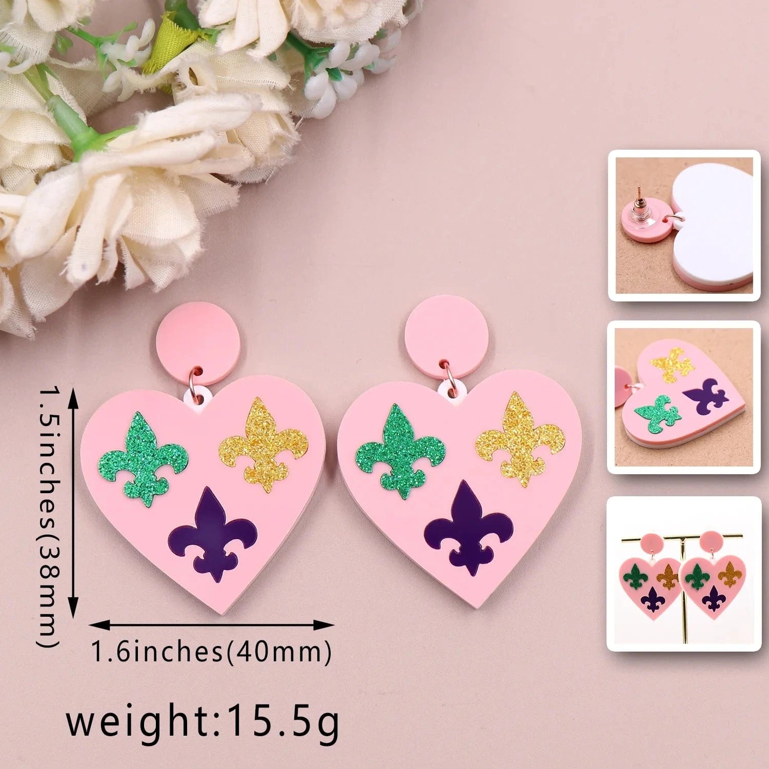 As shown / 1.6in*1.5in / Pink Syasibo jewelry ERS817ER1765 1pair Top fashion CN Drop heart Mardi Gras Fleur de lis TRENDY Acrylic earrings Jewelry for women