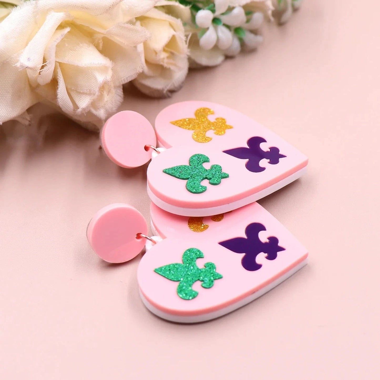As shown / 1.6in*1.5in / Pink Syasibo jewelry ERS817ER1765 1pair Top fashion CN Drop heart Mardi Gras Fleur de lis TRENDY Acrylic earrings Jewelry for women