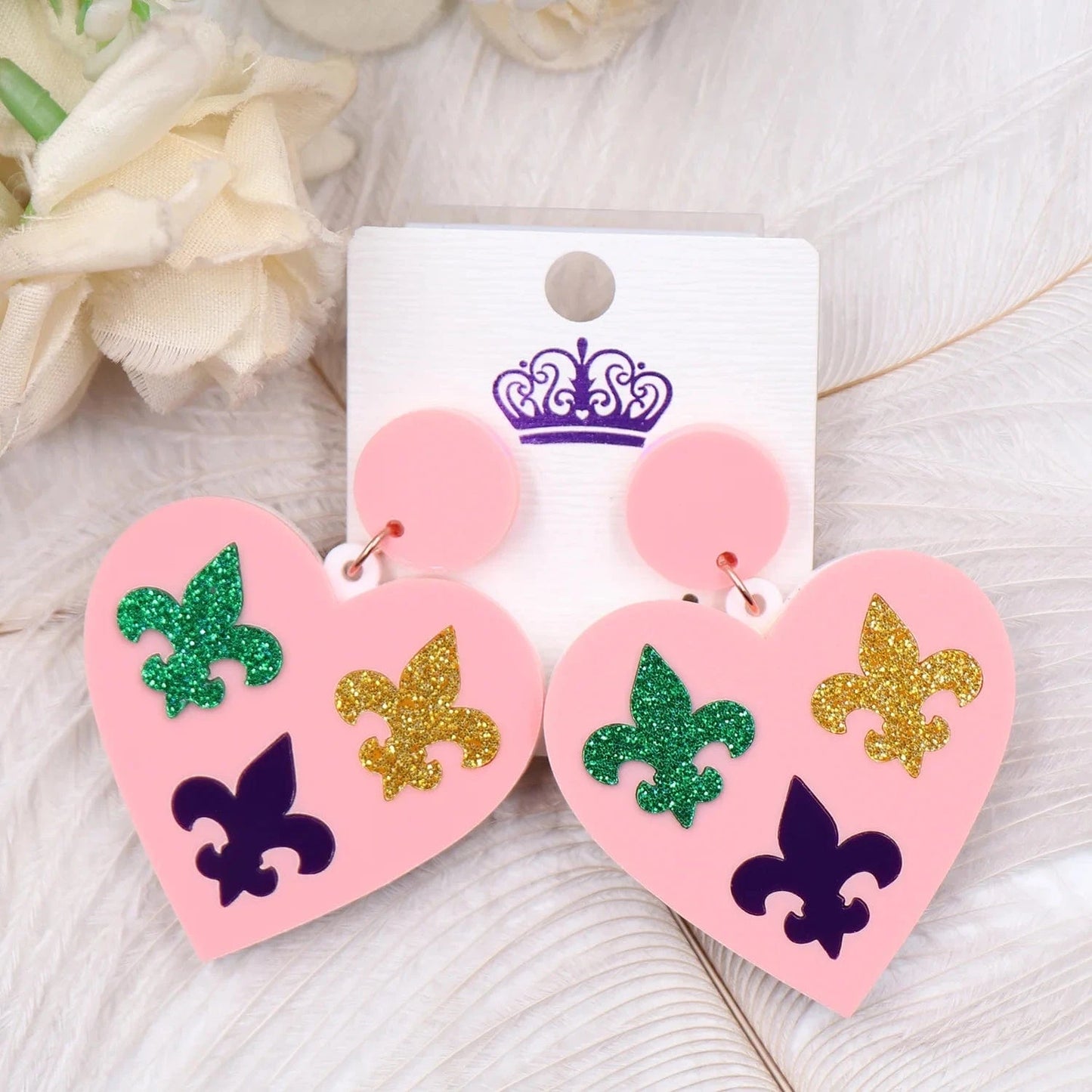 As shown / 1.6in*1.5in / Pink Syasibo jewelry ERS817ER1765 1pair Top fashion CN Drop heart Mardi Gras Fleur de lis TRENDY Acrylic earrings Jewelry for women