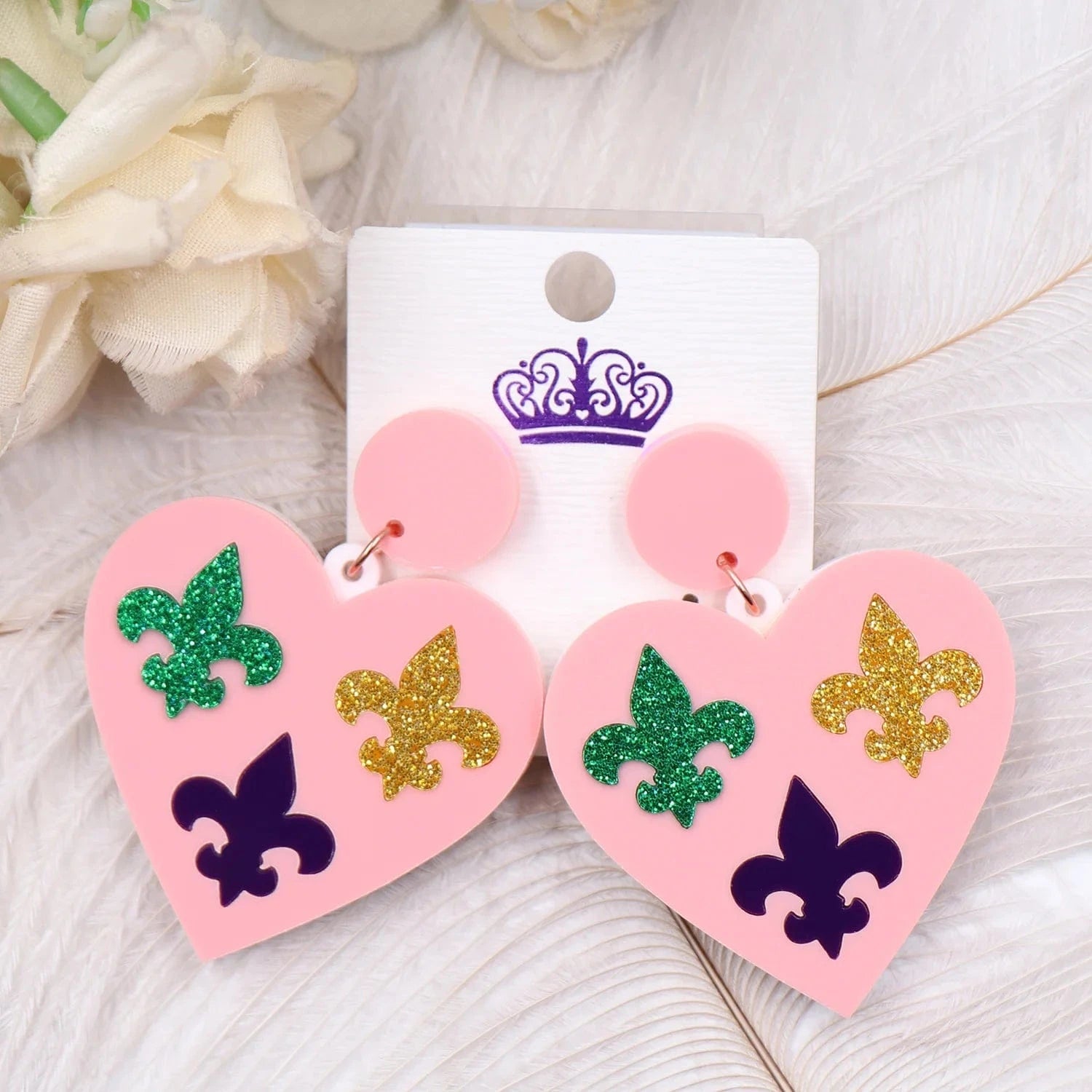 As shown / 1.6in*1.5in / Pink Syasibo jewelry ERS817ER1765 1pair Top fashion CN Drop heart Mardi Gras Fleur de lis TRENDY Acrylic earrings Jewelry for women