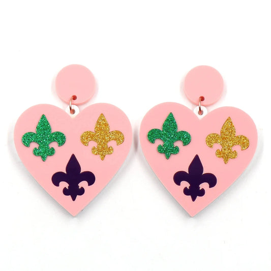 As shown / 1.6in*1.5in / Pink Syasibo jewelry ERS817ER1765 1pair Top fashion CN Drop heart Mardi Gras Fleur de lis TRENDY Acrylic earrings Jewelry for women
