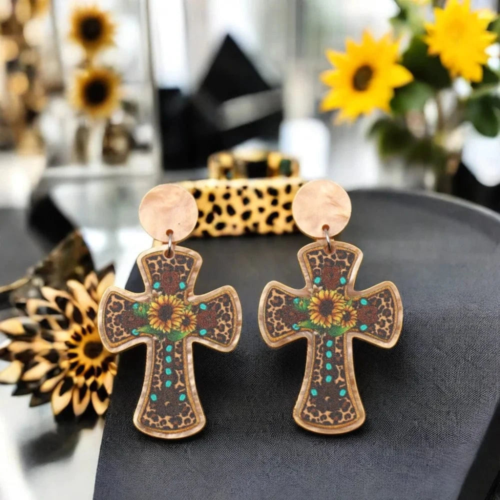 As shown / 1.8in*1.3in / Khaki ERS844ER1823 1pair Top fashion CN Drop Western Leopard Sunflower Cross TRENDY Acrylic earrings Jewelry for women