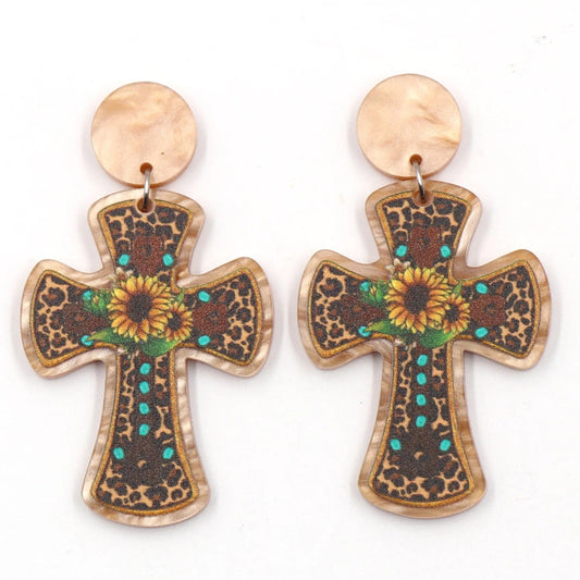 As shown / 1.8in*1.3in / Khaki ERS844ER1823 1pair Top fashion CN Drop Western Leopard Sunflower Cross TRENDY Acrylic earrings Jewelry for women