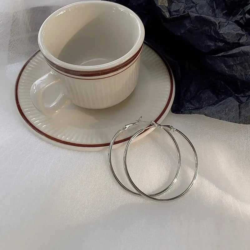 AS SHOWN / As shown / Silver 5cm 30-70mm Exaggerated Big Smooth Circle Hoop Earrings for Women Aros Simple Round Loop Ear Wedding Jewelry Brincos Cool Gift