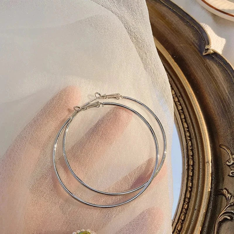 AS SHOWN / As shown / Silver 6cm 30-70mm Exaggerated Big Smooth Circle Hoop Earrings for Women Aros Simple Round Loop Ear Wedding Jewelry Brincos Cool Gift