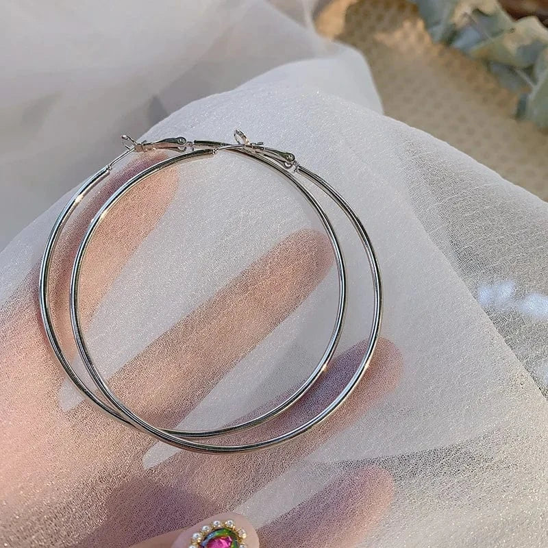 AS SHOWN / As shown / Silver 7cm 30-70mm Exaggerated Big Smooth Circle Hoop Earrings for Women Aros Simple Round Loop Ear Wedding Jewelry Brincos Cool Gift