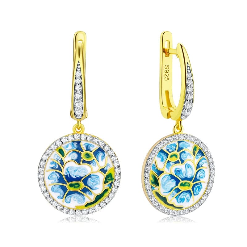 AS00488-1E Fashion Elegant 925 Silver CZ Earrings for Women Handmade Enamel Blue river blooming Flower Pattern Party Earrings Jewelry Gift