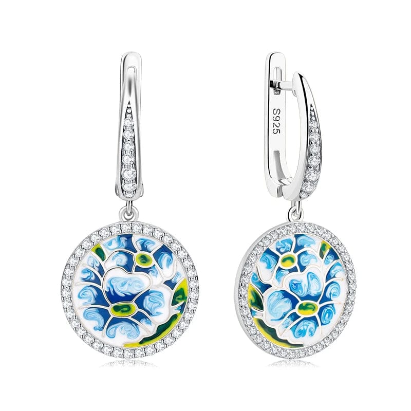 AS00488E Fashion Elegant 925 Silver CZ Earrings for Women Handmade Enamel Blue river blooming Flower Pattern Party Earrings Jewelry Gift