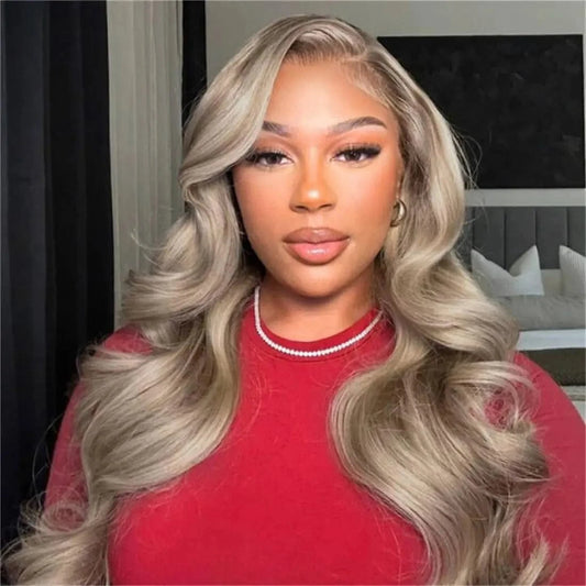 Ash Blonde with Silver Gray Highlight 180% Body Wave Mini Knots HD Invisible  Milk Tea Brown Colored with Silver Blonde Wigs