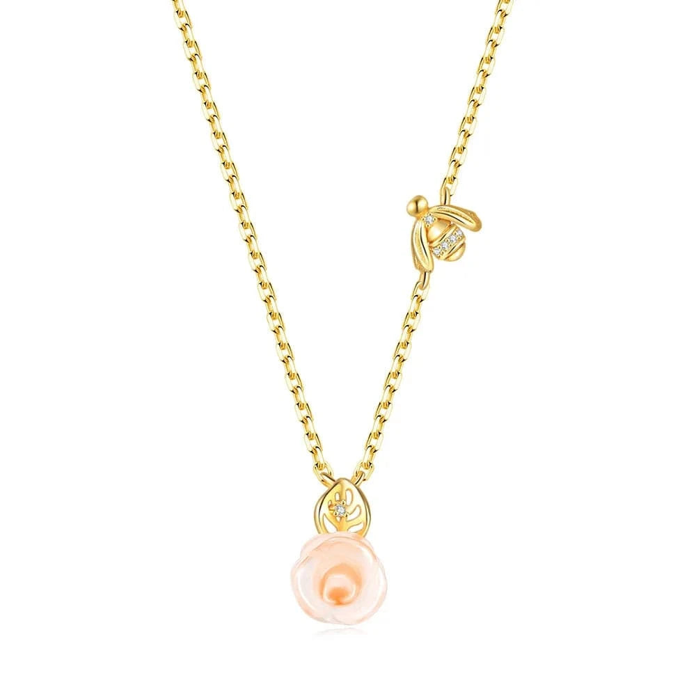 Asjustable / NI106 RST Women Conjuntos de Joyas 14K Gold Plated 925 Sterling Silver Flower Rose Quartz Jewelry Set V069