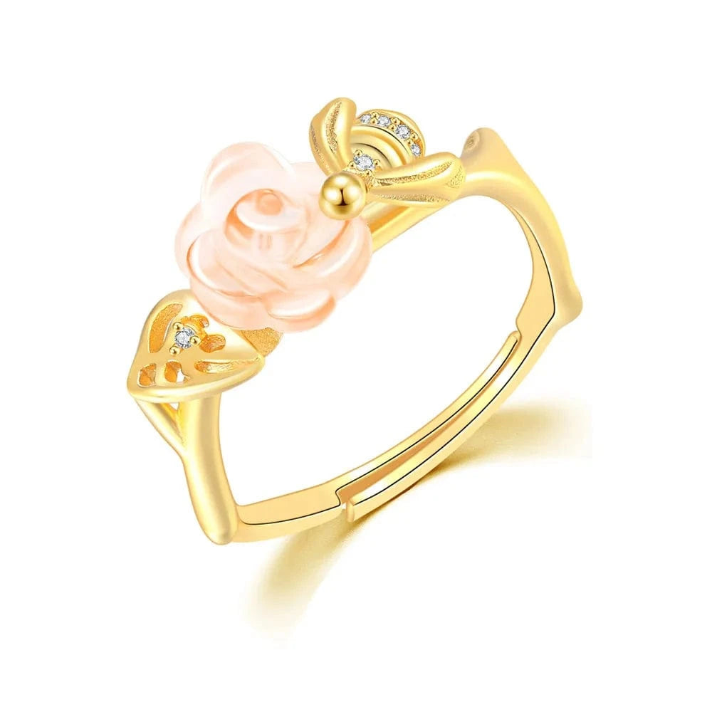 Asjustable / RI110 RST Women Conjuntos de Joyas 14K Gold Plated 925 Sterling Silver Flower Rose Quartz Jewelry Set V069