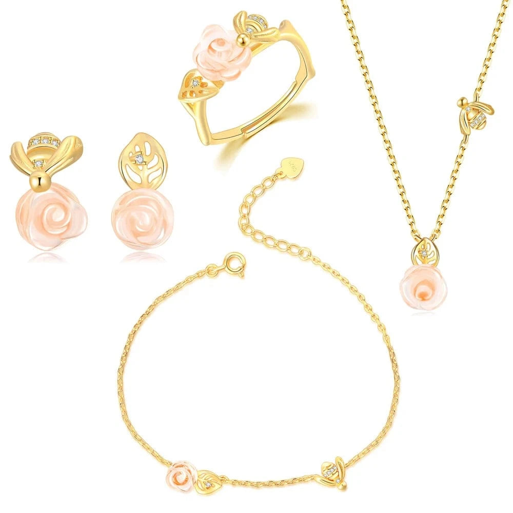 Asjustable / V069-1 RST Women Conjuntos de Joyas 14K Gold Plated 925 Sterling Silver Flower Rose Quartz Jewelry Set V069