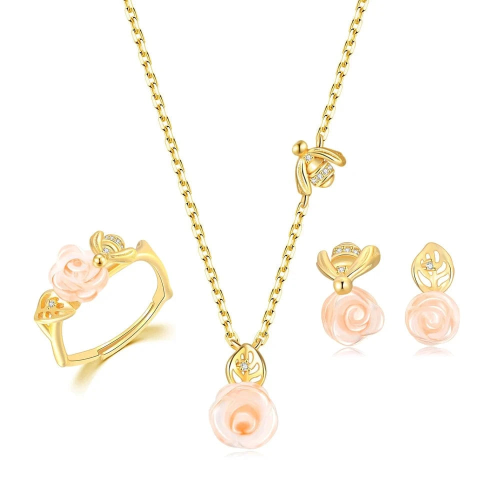 Asjustable / V069-2 RST Women Conjuntos de Joyas 14K Gold Plated 925 Sterling Silver Flower Rose Quartz Jewelry Set V069