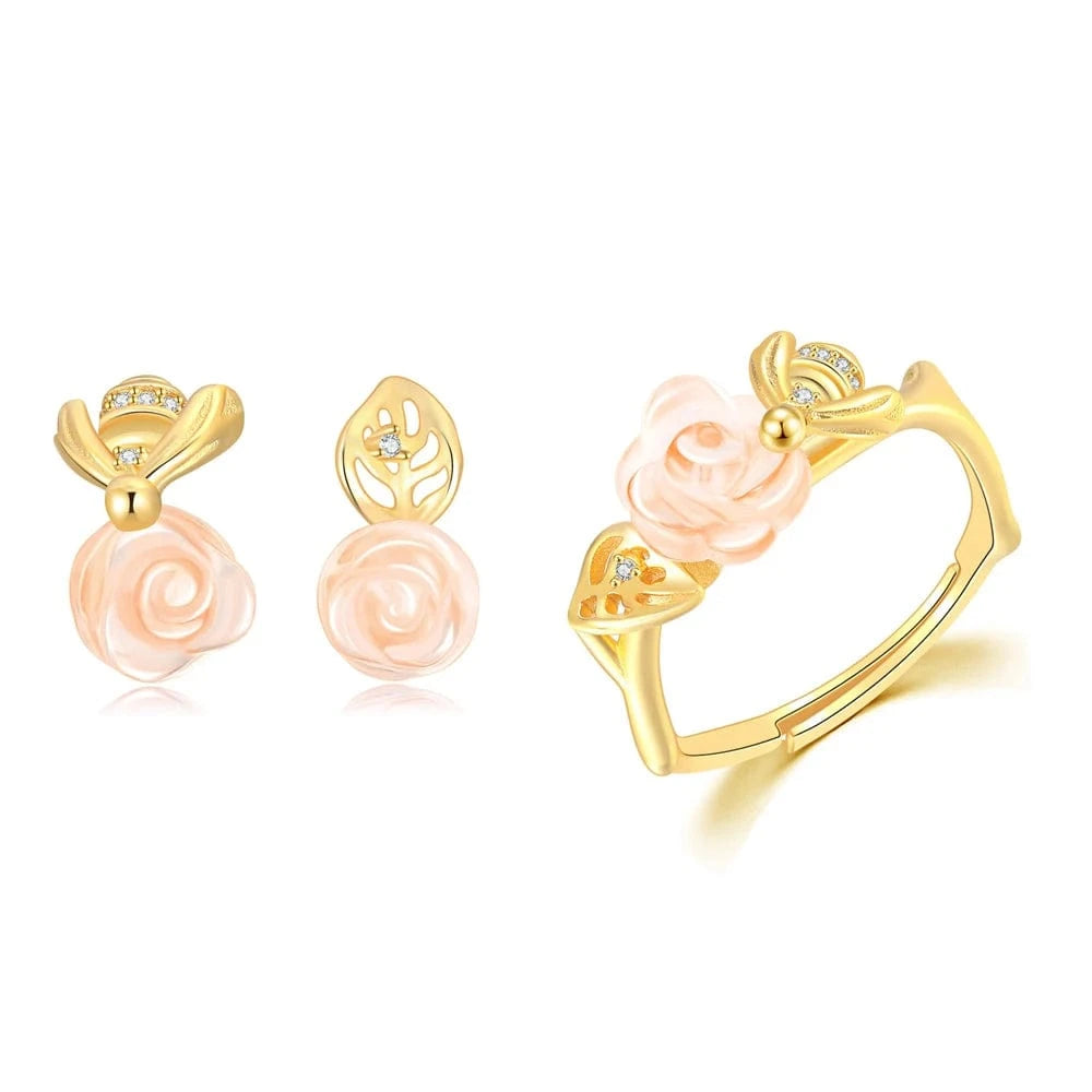 Asjustable / V069-3 RST Women Conjuntos de Joyas 14K Gold Plated 925 Sterling Silver Flower Rose Quartz Jewelry Set V069