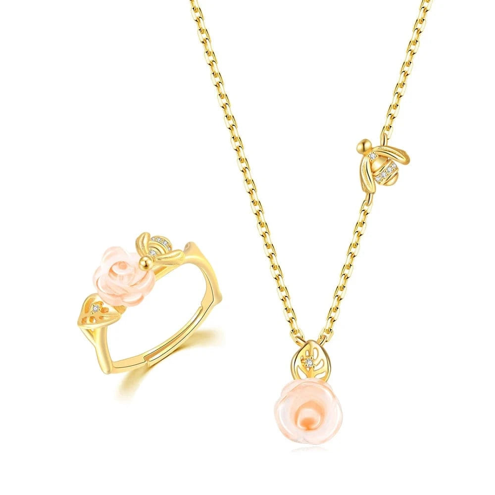 Asjustable / V069-4 RST Women Conjuntos de Joyas 14K Gold Plated 925 Sterling Silver Flower Rose Quartz Jewelry Set V069