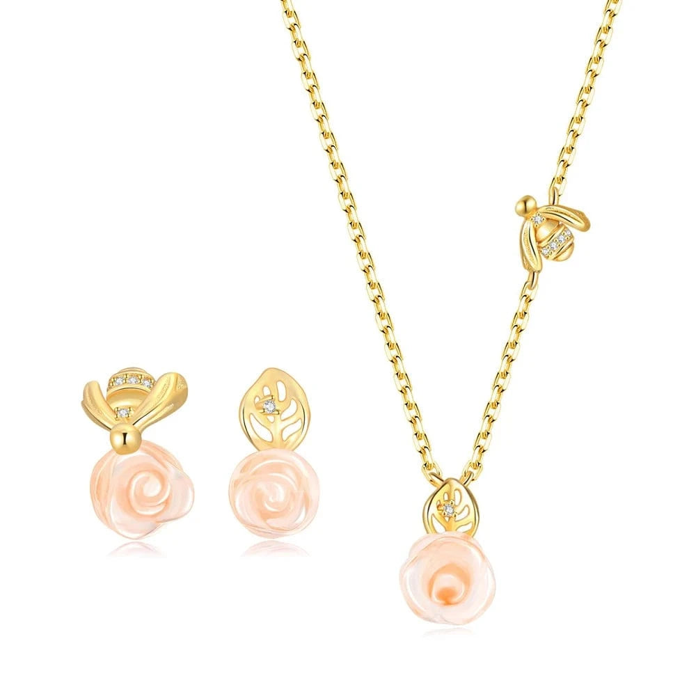 Asjustable / V069-5 RST Women Conjuntos de Joyas 14K Gold Plated 925 Sterling Silver Flower Rose Quartz Jewelry Set V069