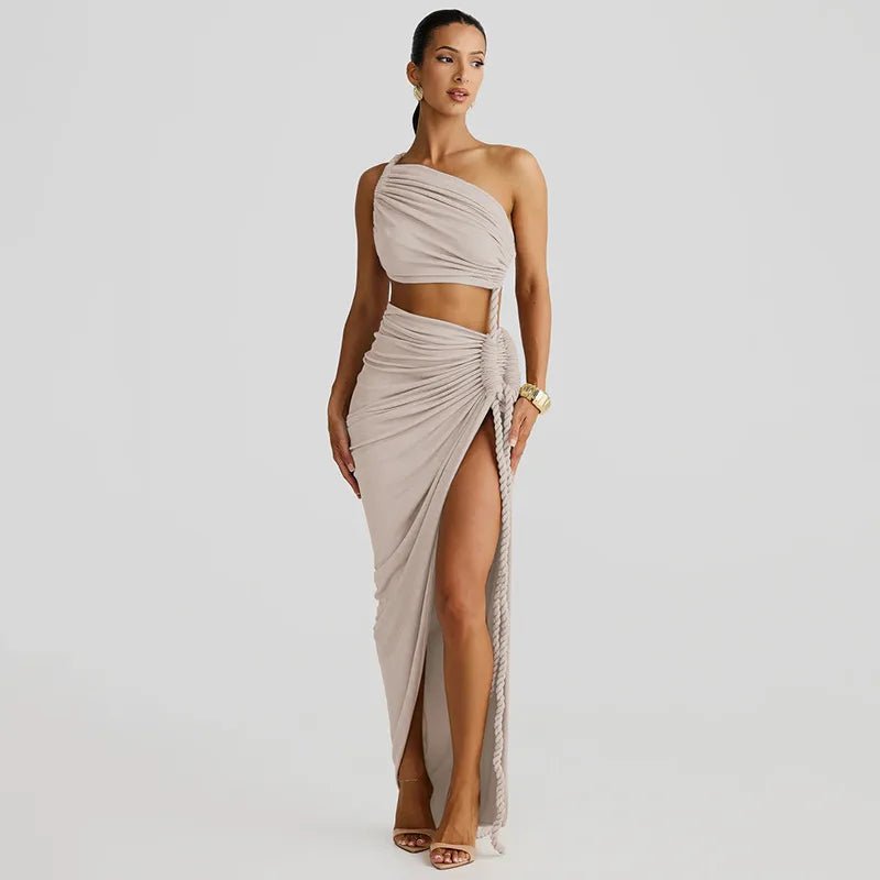 Asymmetrical Ruched High Split Maxi Dress - SN Wigs & More