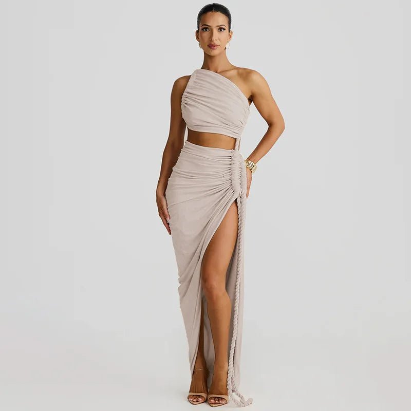 Asymmetrical Ruched High Split Maxi Dress - SN Wigs & More
