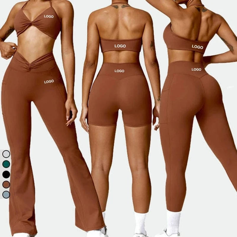 Athletic Yoga Set Fitness Gym Wear Women Activewear Bra Leggings Flared Trousers with pockets 4pcs Gym Fitness Set for Workouts