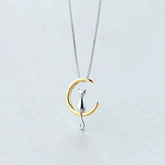 Authentic 100% 925 Sterling Silver Cat Moon Necklace Meditation Women Jewelry Silver 925 Chain & Pendant Valentine Gift