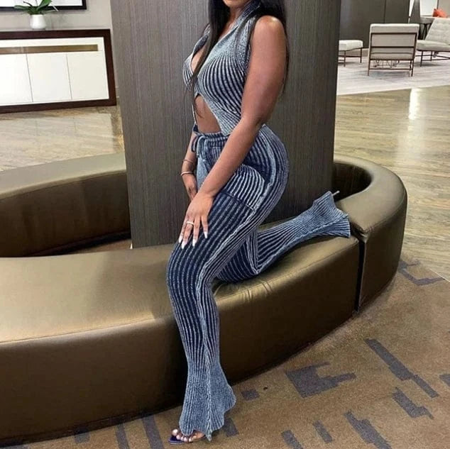 Autumn 2023 Deep V Neck Tank Top+Flare Pants Set Womens Casual Set Fashion Striped Knitted Two Piece Set