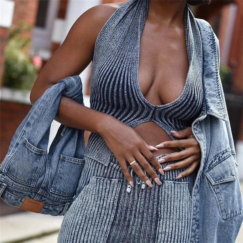 Autumn 2023 Deep V Neck Tank Top+Flare Pants Set Womens Casual Set Fashion Striped Knitted Two Piece Set