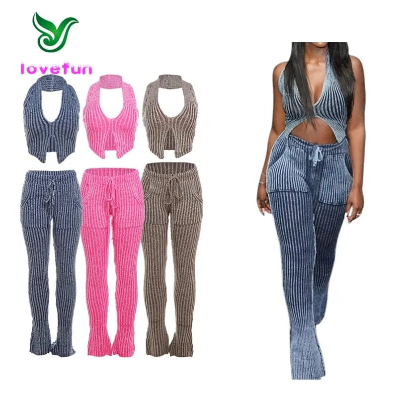 Autumn 2023 Deep V Neck Tank Top+Flare Pants Set Womens Casual Set Fashion Striped Knitted Two Piece Set