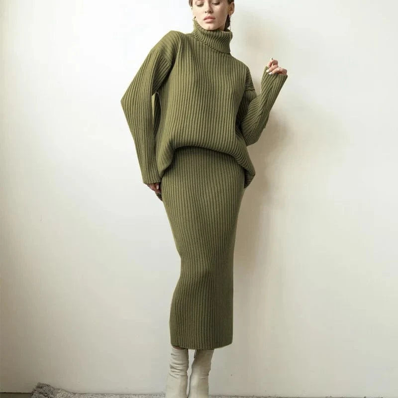 Autumn and winter fashion new lazy knitting suit ladies pit striped half-body skirt  turtleneck sweater loose warm two-piece set