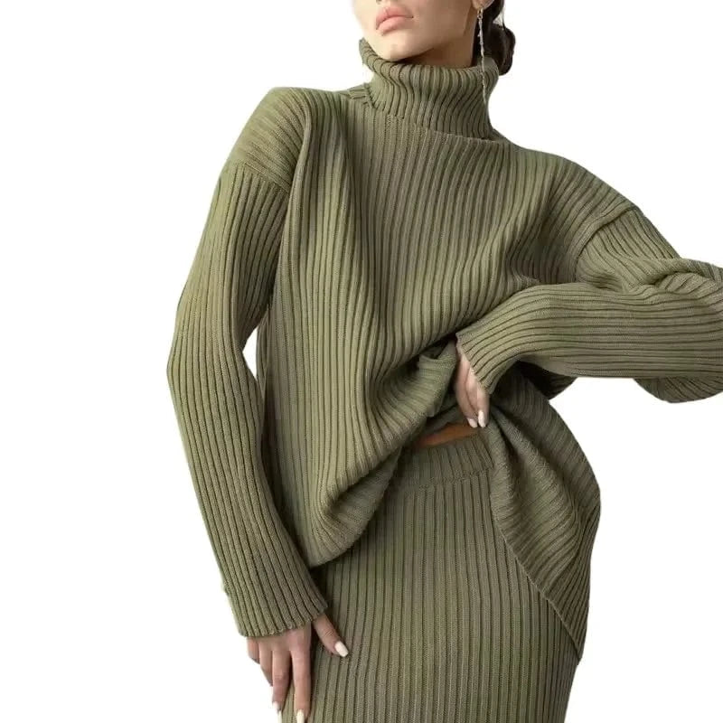 Autumn and winter fashion new lazy knitting suit ladies pit striped half-body skirt  turtleneck sweater loose warm two-piece set