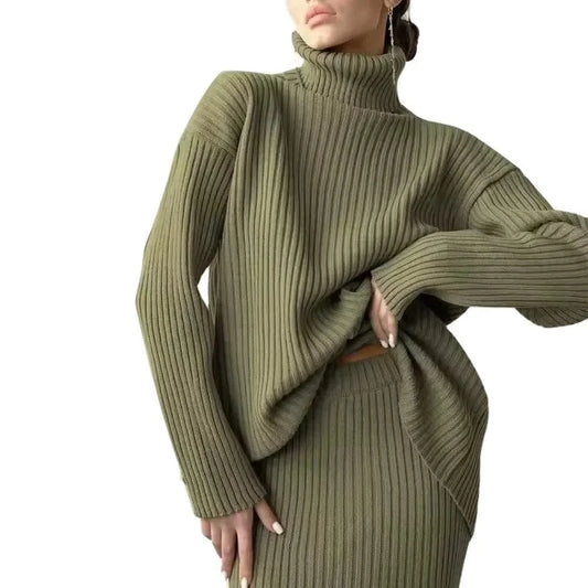 Autumn and winter fashion new lazy knitting suit ladies pit striped half-body skirt  turtleneck sweater loose warm two-piece set