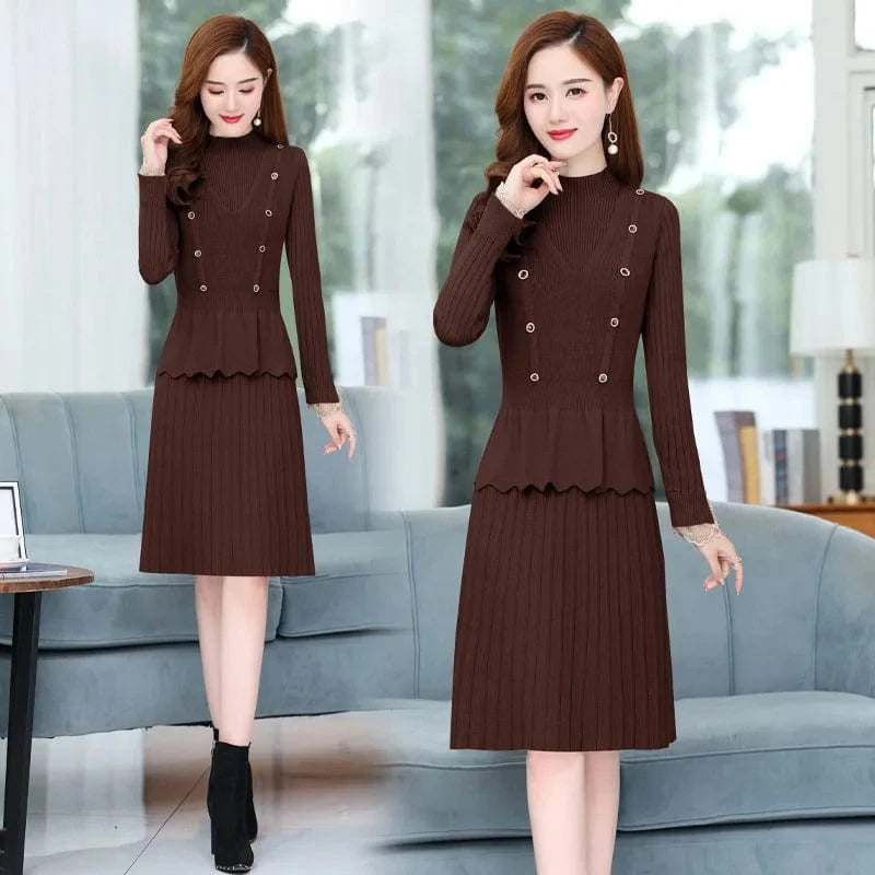 Autumn and winter high quality selling solid color round collar button design high waist in the long two-piece A-line dress