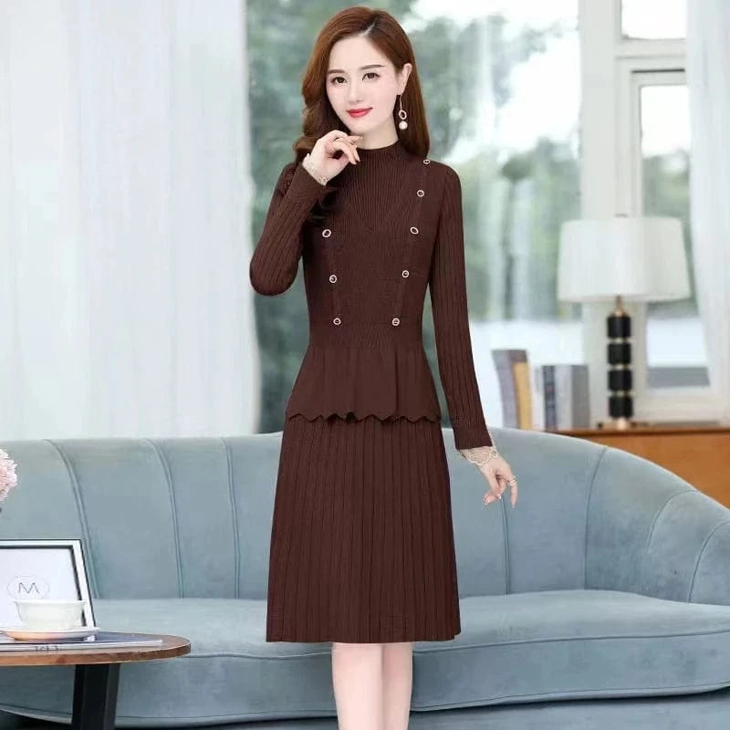 Autumn and winter high quality selling solid color round collar button design high waist in the long two-piece A-line dress